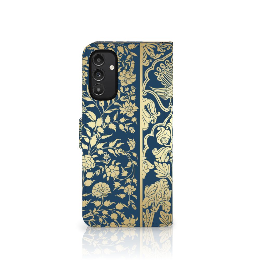Samsung Galaxy A14 5G Hoesje Beige Flowers met luxe bloemenontwerp op een donkerblauwe achtergrond.