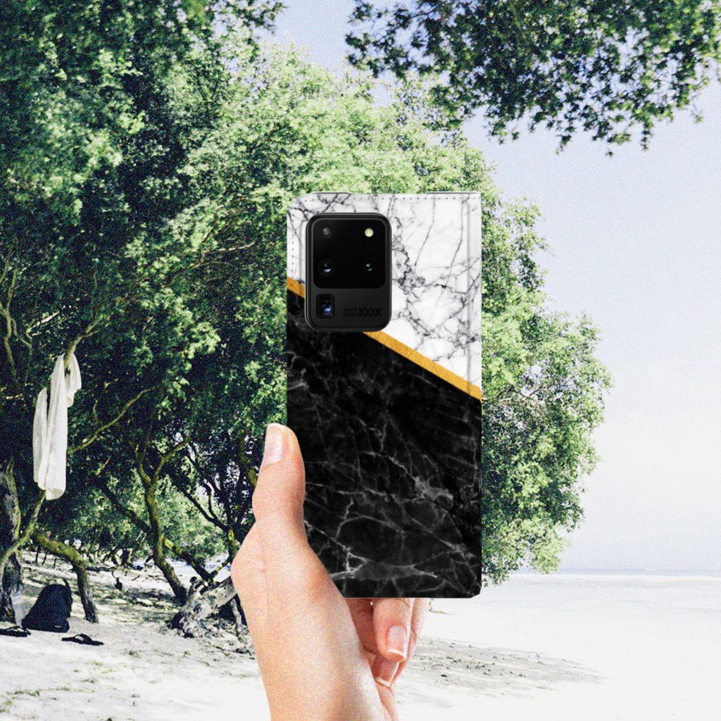 Samsung Galaxy S20 Ultra Standcase Marmer Wit Zwart - Origineel Cadeau Man - B2C Telecom