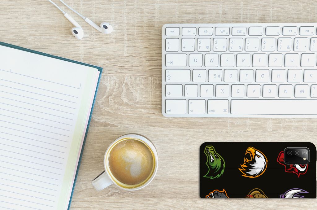 Samsung Galaxy M02s | A02s Magnet Case Cartoon with colorful animal designs on a desk with a coffee and keyboard.