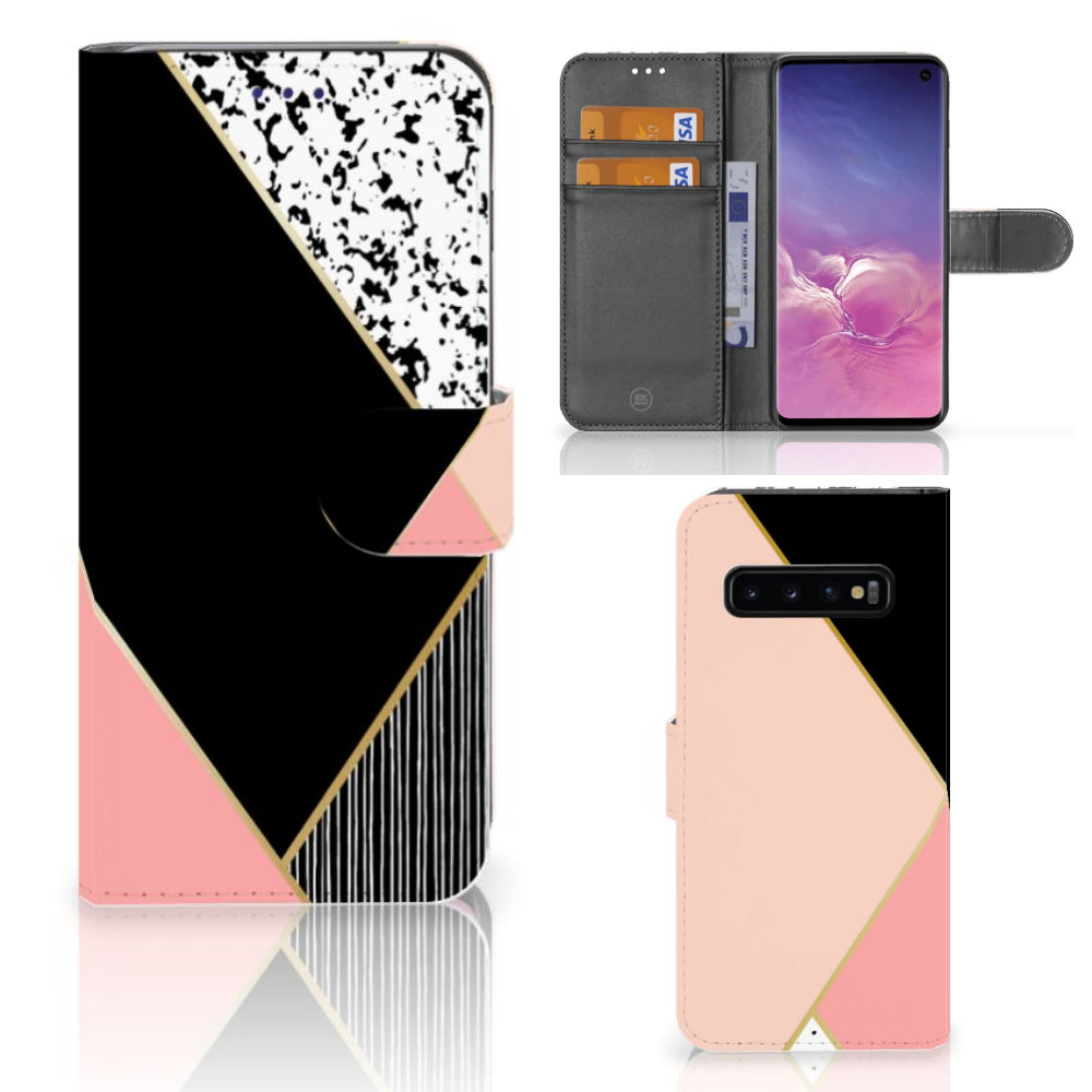 Samsung Galaxy S10 Book Case Zwart Roze Vormen