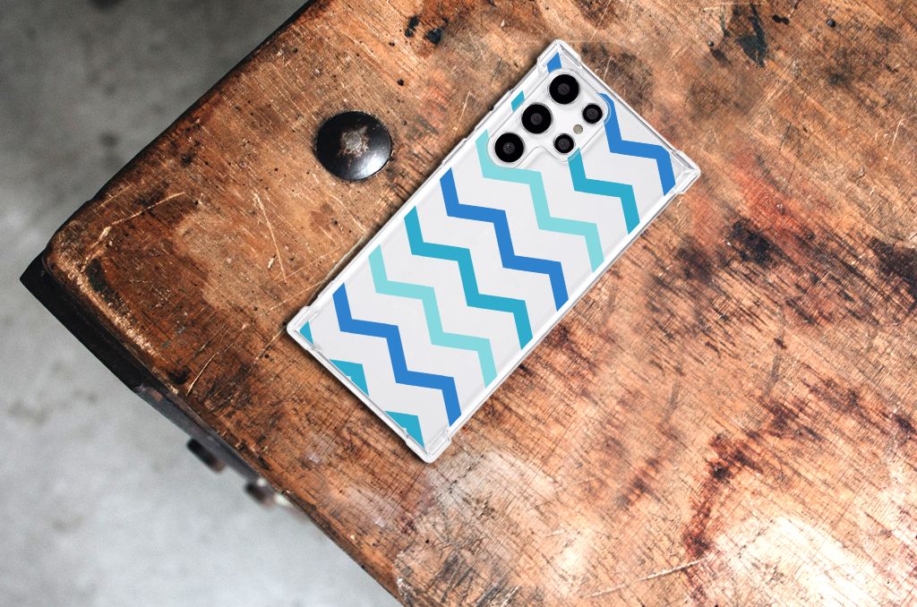 Samsung Galaxy S22 Ultra Doorzichtige Silicone Hoesje Zigzag Blauw B2C Telecom