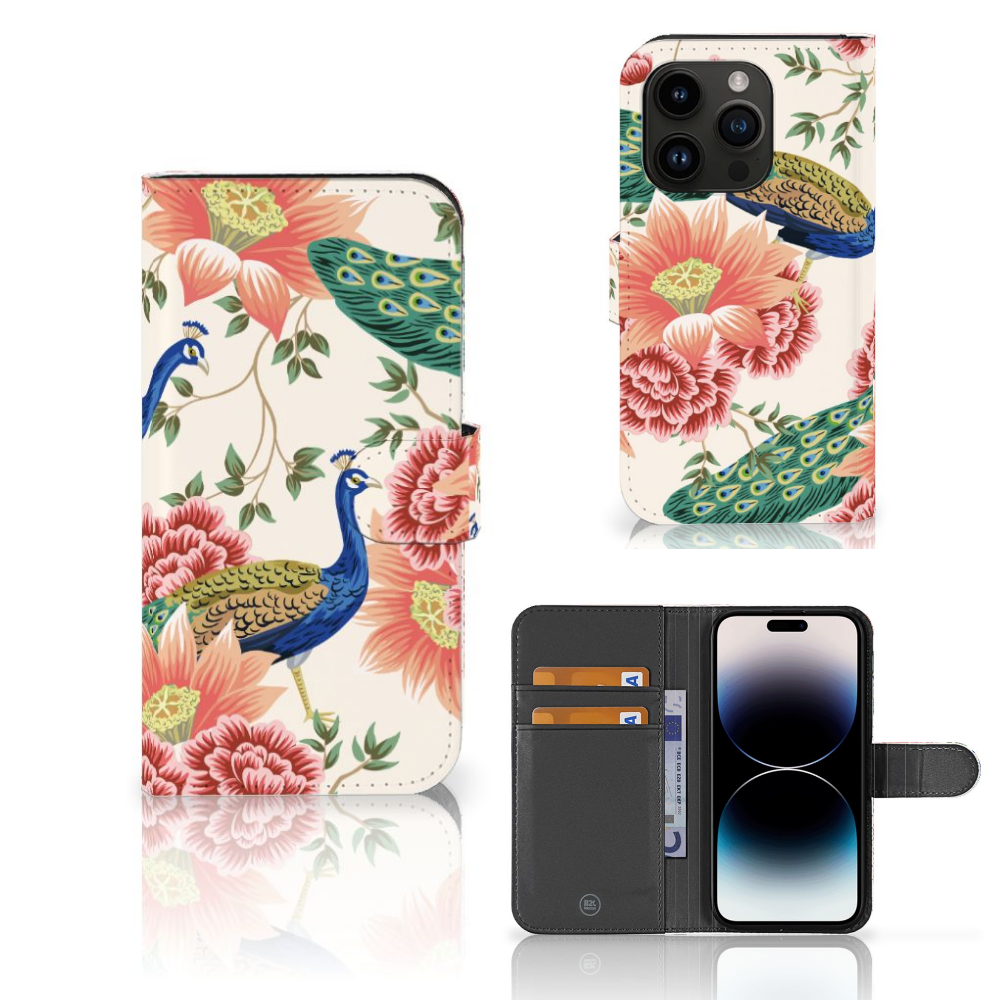 Telefoonhoesje met Pasjes voor iPhone 15 Pro Pink Peacock met pauwen en bloemen design 🌸.