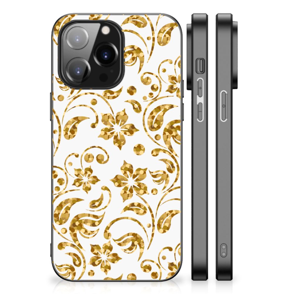 iPhone 14 Pro Max Bloemen Hoesje Gouden Bloemen