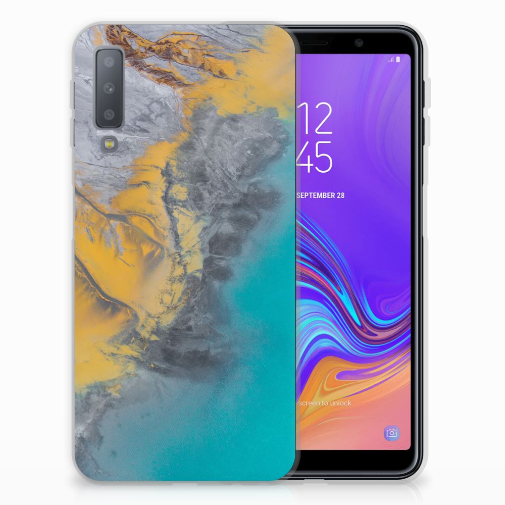 Samsung Galaxy A7 (2018) TPU Siliconen Hoesje Marble Blue Gold