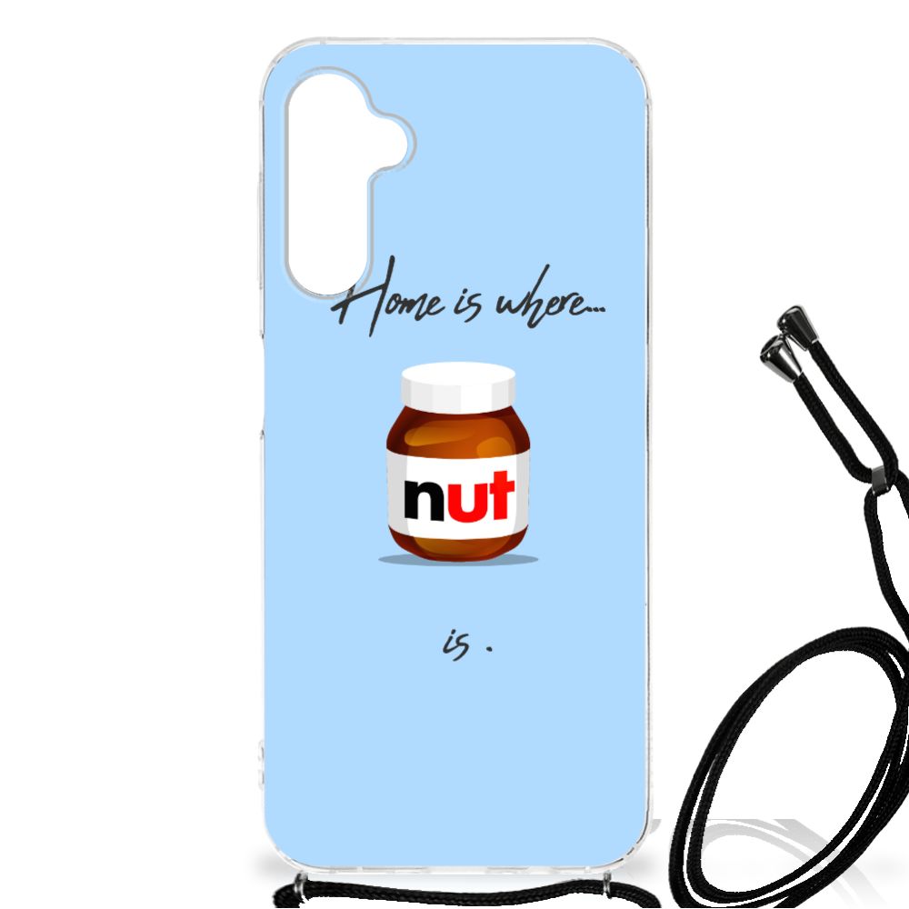 Samsung Galaxy A14 5G Beschermhoes Nut Home met een schattig nut potje en blauwe achtergrond.