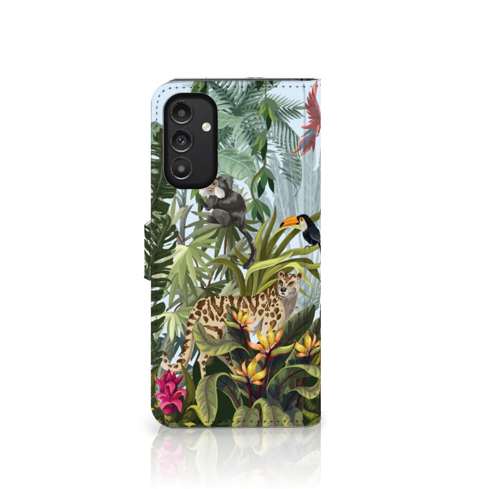Telefoonhoesje met Pasjes voor Samsung Galaxy A14 4G Jungle met jungle dieren en tropische bladeren.