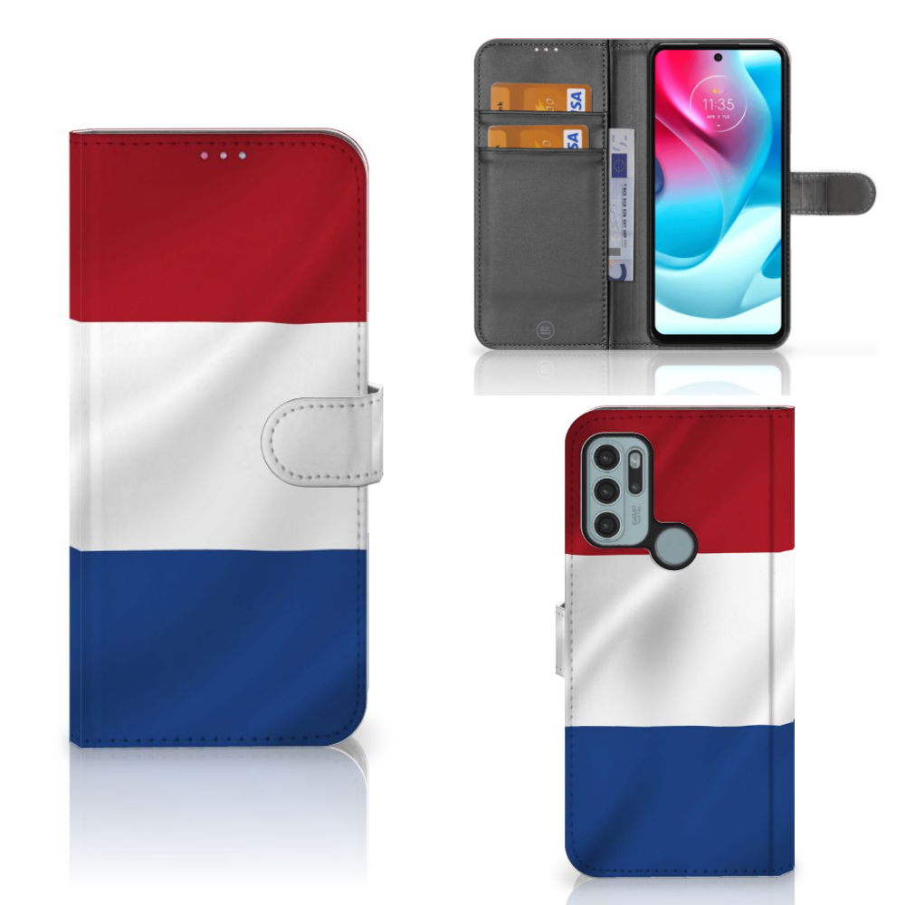 Motorola Moto G60s Bookstyle Case Nederlandse Vlag met een artistiek ontwerp van de Nederlandse vlag.