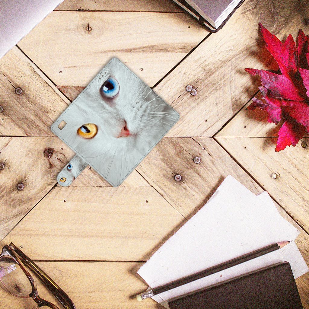 Huawei Ascend P8 Lite Telefoonhoesje met Pasjes Witte Kat
