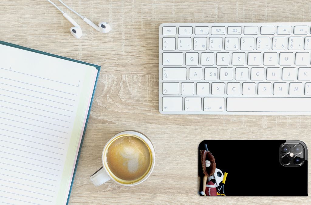 iPhone 12 Pro Max Hippe Standcase Sports with sport designs on desk beside coffee cup and notepad