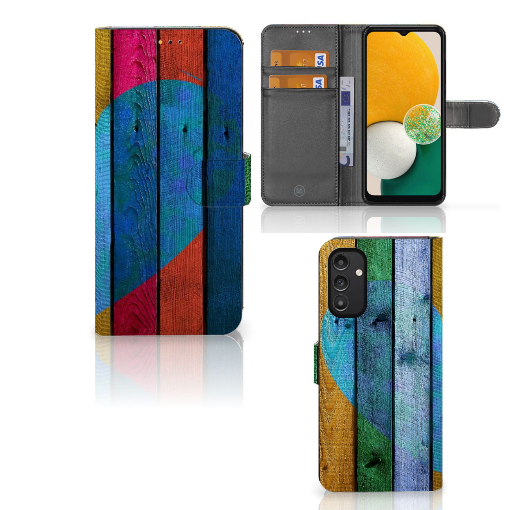 Samsung Galaxy A14 5G Book Style Case Wood Heart - Cadeau voor je Vriend met kleurrijk hart en pasjes