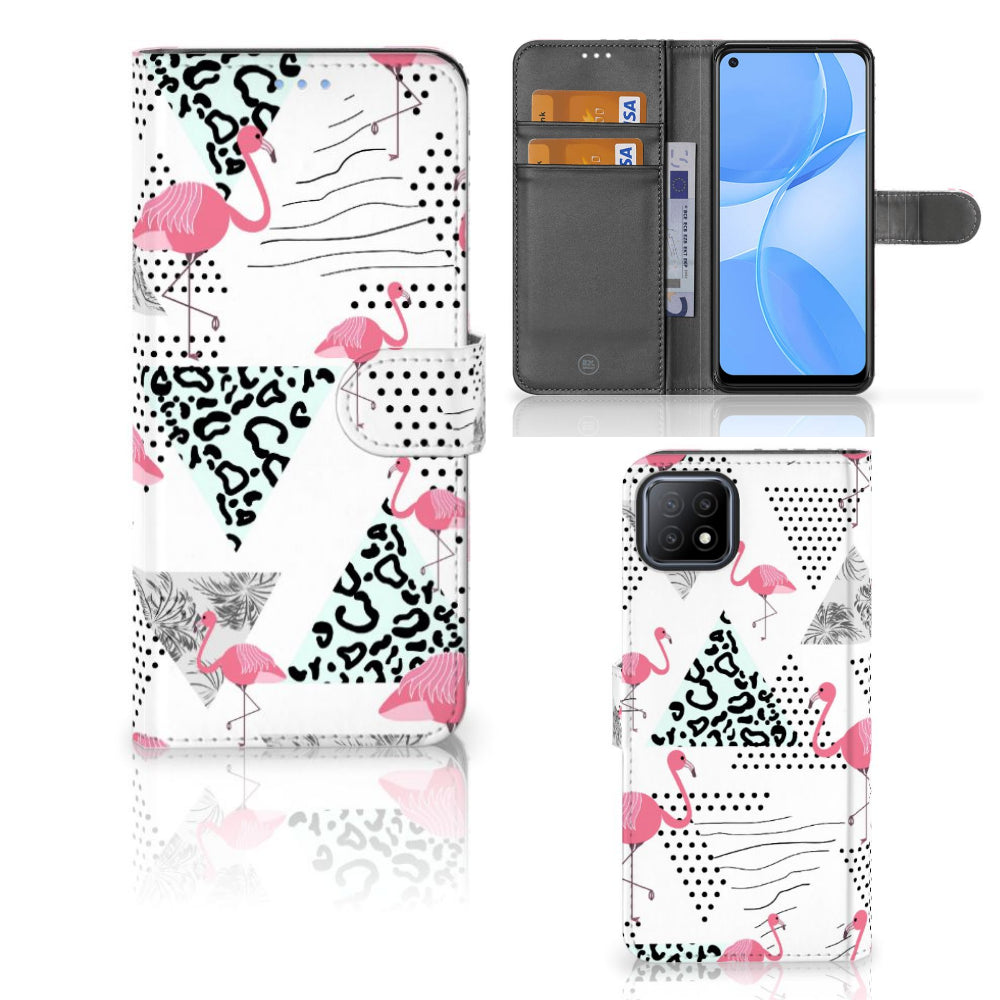 OPPO A73 5G Telefoonhoesje met Pasjes Flamingo Triangle