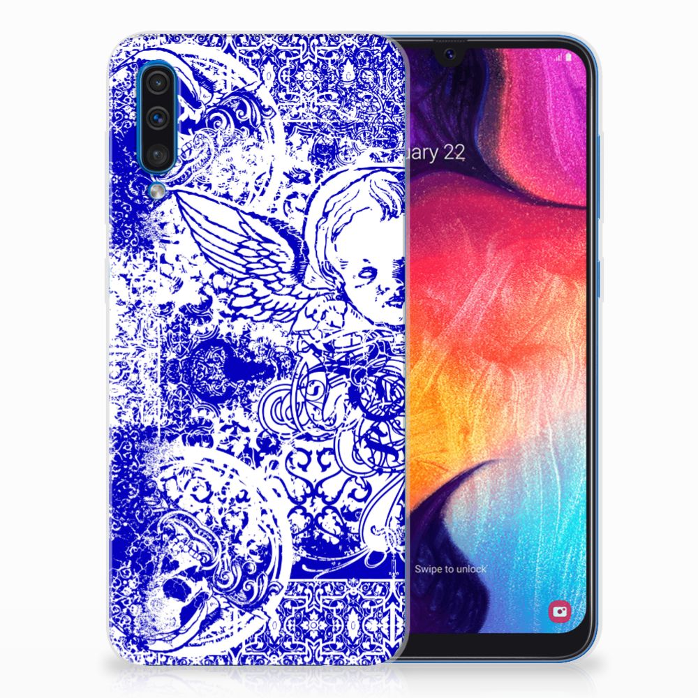 Silicone Back Case Samsung Galaxy A50 Angel Skull Blauw