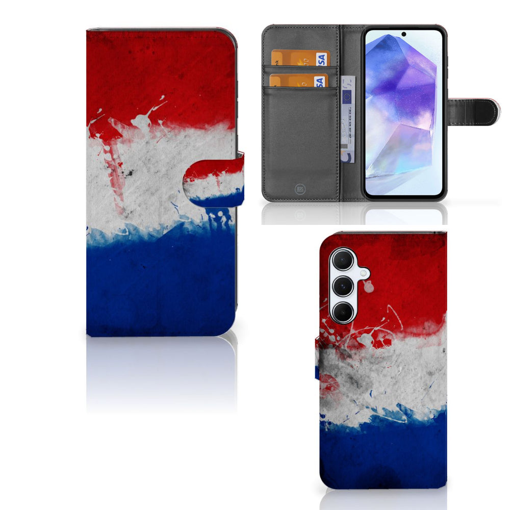 Samsung Galaxy A55 Bookstyle Case Nederland met artistiek ontwerp van de Nederlandse vlag