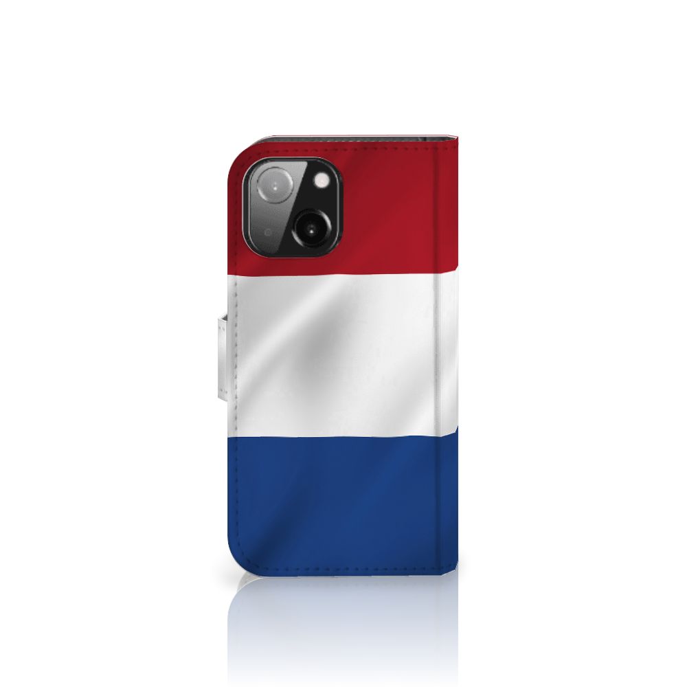 iPhone 13 Mini Bookstyle Case Nederlandse Vlag met artistiek ontwerp van de Nederlandse vlag.