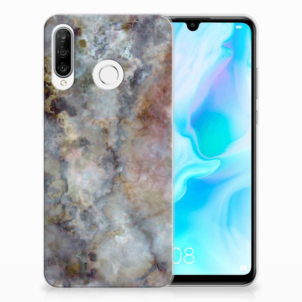 Huawei P30 Lite TPU Siliconen Hoesje Marmer Grijs