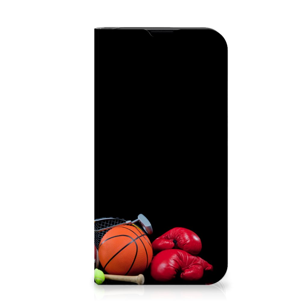 iPhone 13 Mini Hippe Standcase Sports with various sports items including basketball and boxing gloves.
