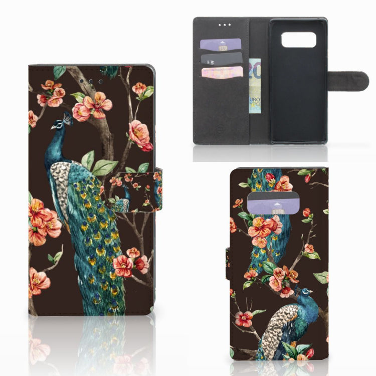 Samsung Galaxy Note 8 Telefoonhoesje met Pasjes Pauw met Bloemen