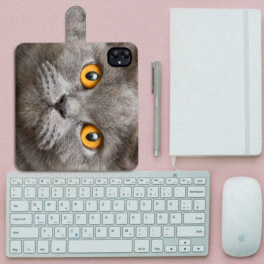 Telefoonhoesje met Pasjes Samsung Galaxy A04e Britse Korthaar met een afbeelding van een Britse korthaar kat.