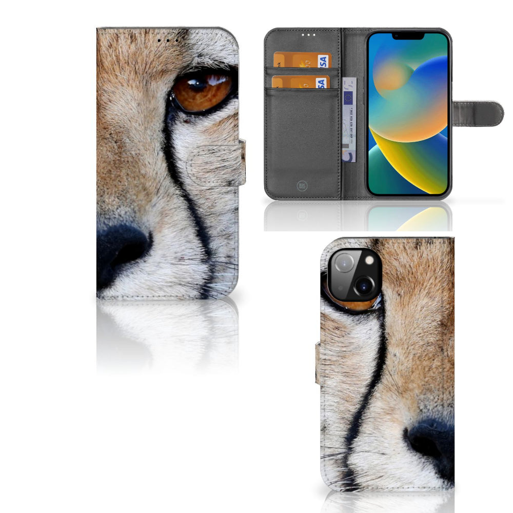 iPhone 14 Plus Telefoonhoesje met Pasjes Cheetah met close-up afbeelding van een cheeta oog