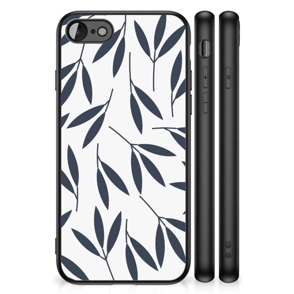 iPhone SE 2022 | SE 2020 | 7/8 Bloemen Hoesje Leaves Blue with navy leaf design on white background.