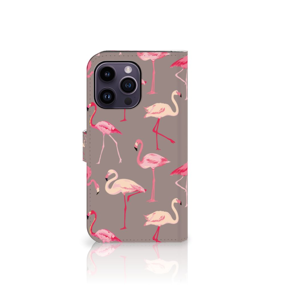 iPhone 15 Pro Max Telefoonhoesje met Pasjes Flamingo met kleurrijke flamingo's op een grijze achtergrond 🌴