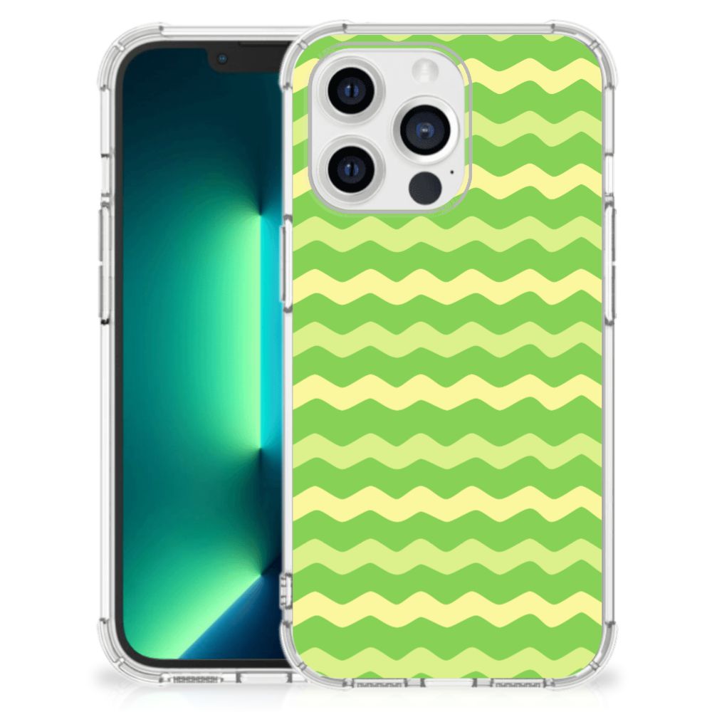 iPhone 13 Pro Max Doorzichtige Silicone Hoesje Waves Green met een vrolijk golfdesign 🌊.