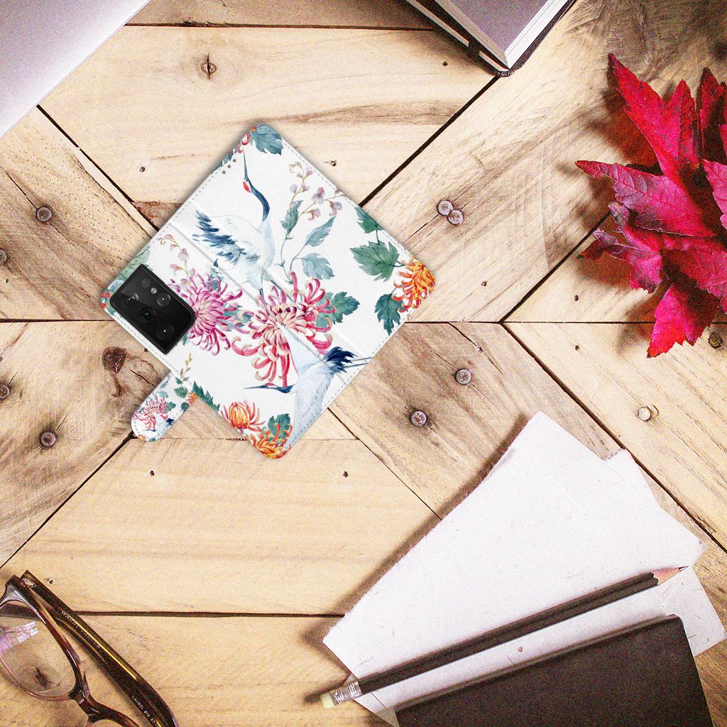 Samsung Galaxy S21 Ultra Telefoonhoesje met Pasjes Bird Flowers