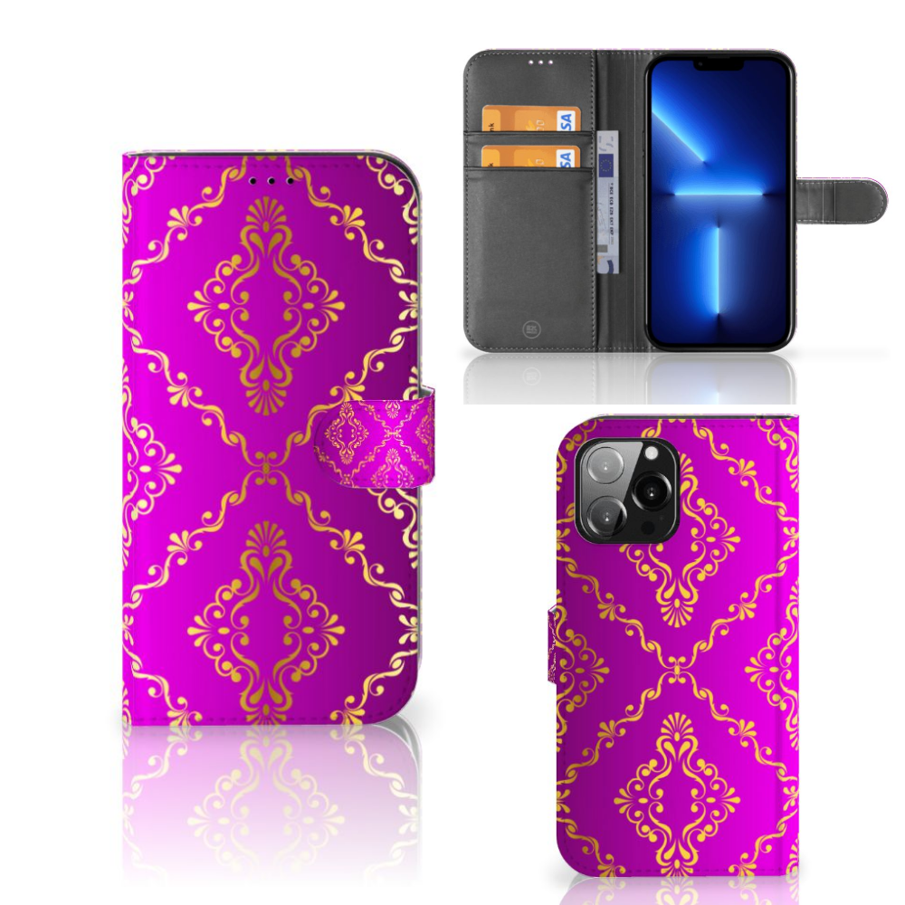 Wallet Case iPhone 13 Pro Max Barok Roze met elegant roze barok ontwerp en ruimte voor kaarten📱