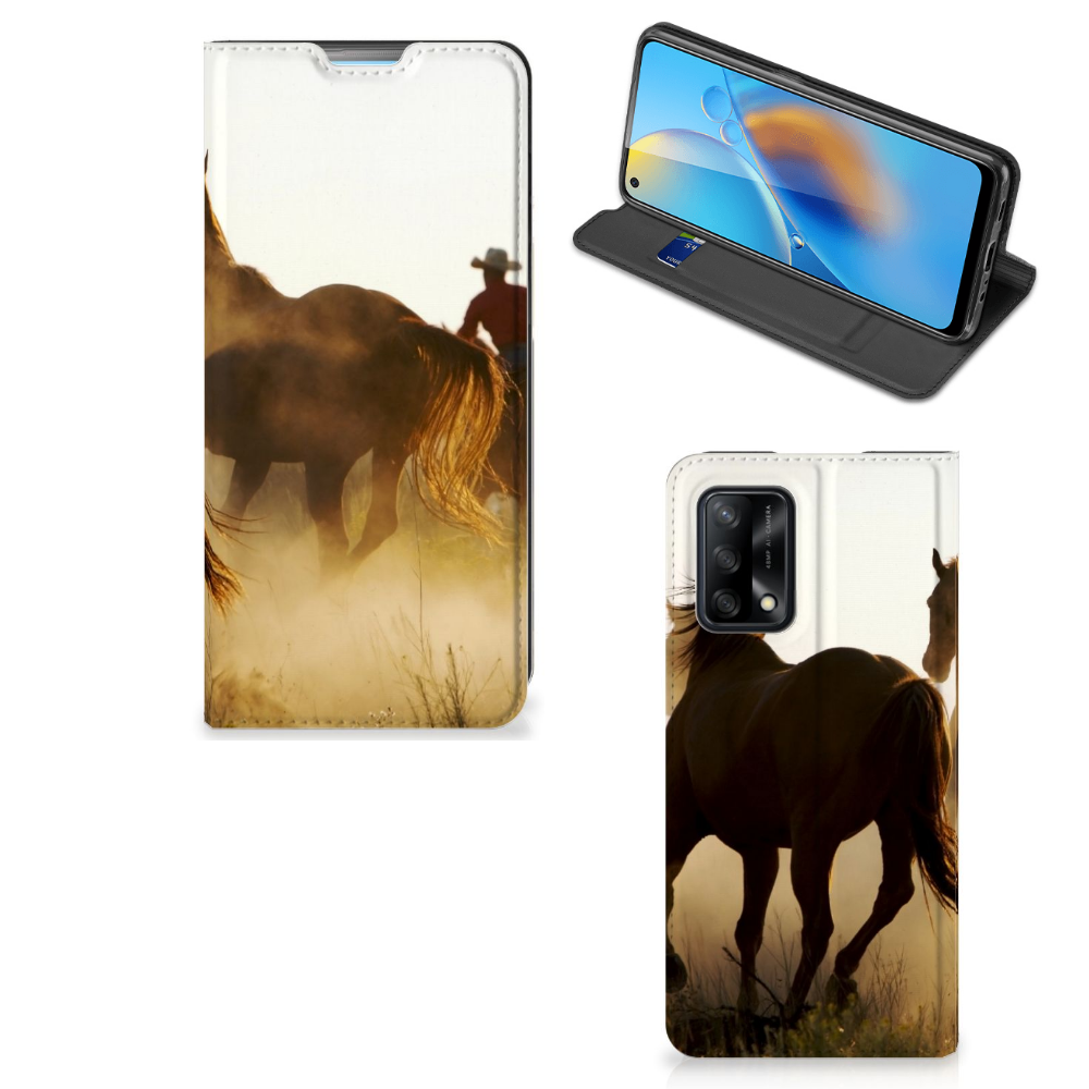 OPPO A74 4G Hoesje maken Design Cowboy met paardenprint en smartphone in stand case setup.