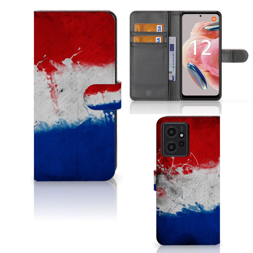 Xiaomi Redmi Note 12 4G Bookstyle Case Nederland met pasjes en artistieke Nederlandse vlag design