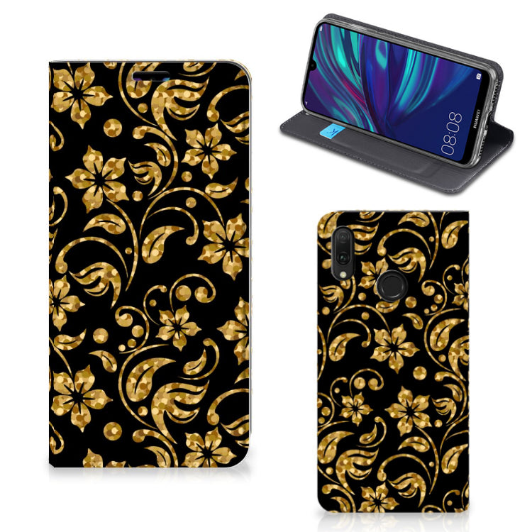 Huawei Y7 hoesje Y7 Pro (2019) Smart Cover Gouden Bloemen