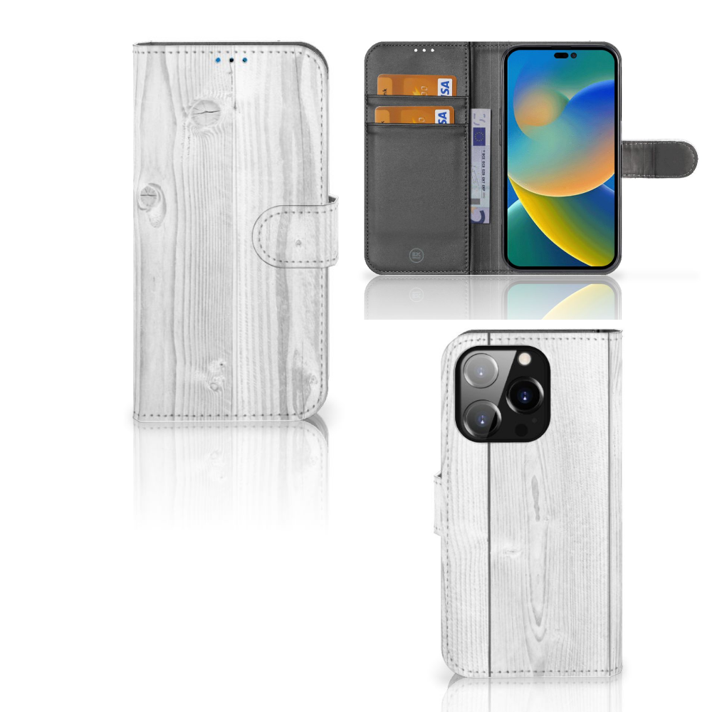 iPhone 14 Pro Book Style Case White Wood met wit houten design en ruimte voor pasjes.