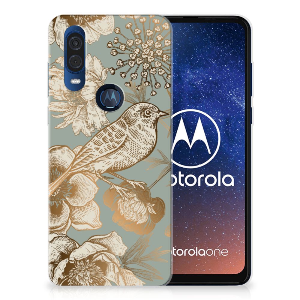 TPU Case voor Motorola One Vision Vintage Bird Flowers