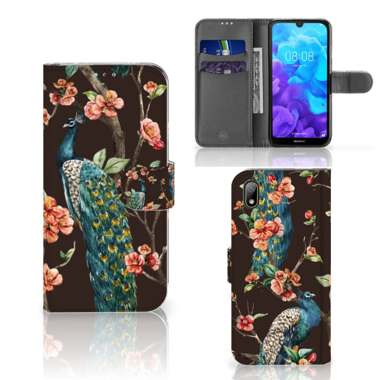 Huawei Y5 (2019) Telefoonhoesje met Pasjes Pauw met Bloemen