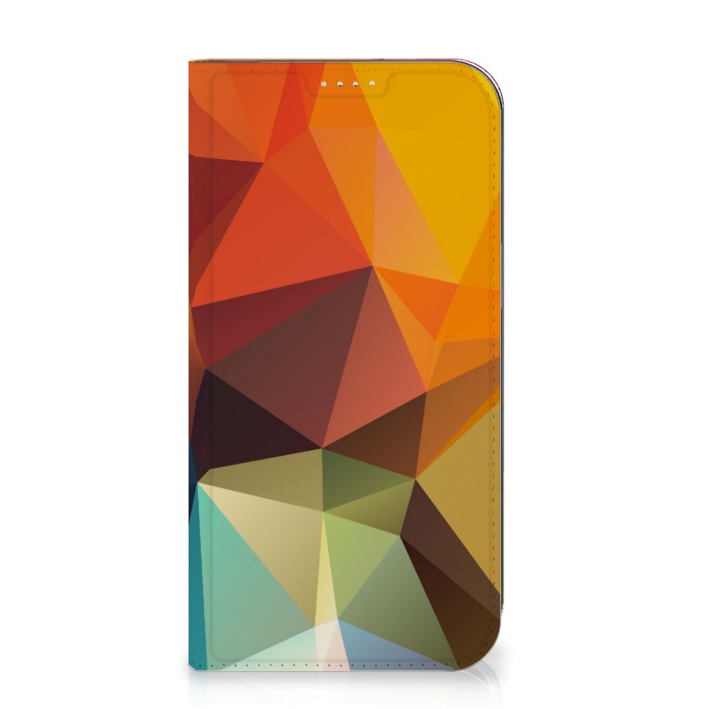 iPhone 15 Plus Stand Case Polygon Color met een kleurrijk abstract geometrisch ontwerp van driehoeken.