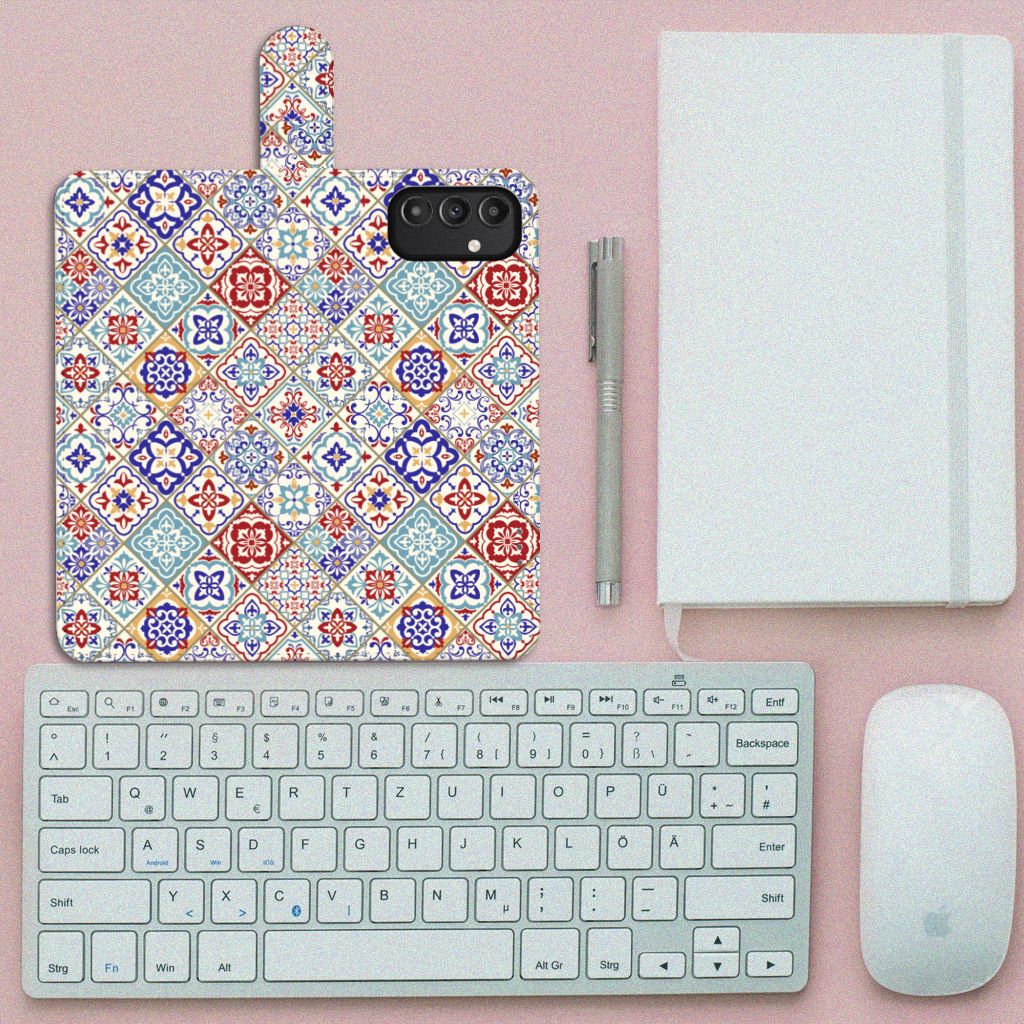 Samsung Galaxy A14 5G Bookcase Tiles Color with unique tile design on a desk.