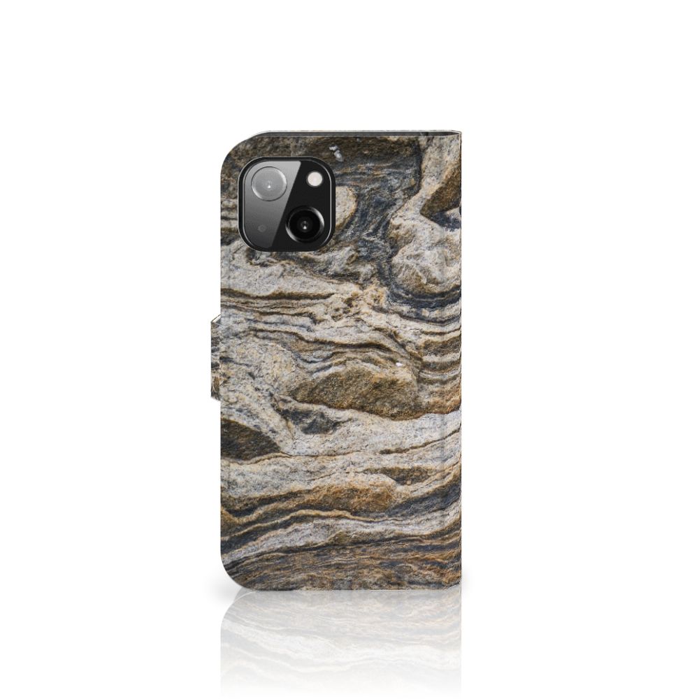 Apple iPhone 13 Bookcase Steen met een uniek bruine rotsachtige design voor stijl en functie.