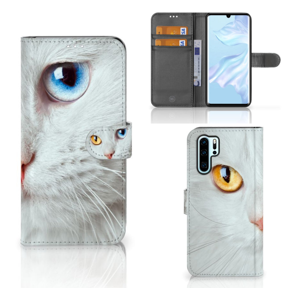 Huawei P30 Pro Telefoonhoesje met Pasjes Witte Kat