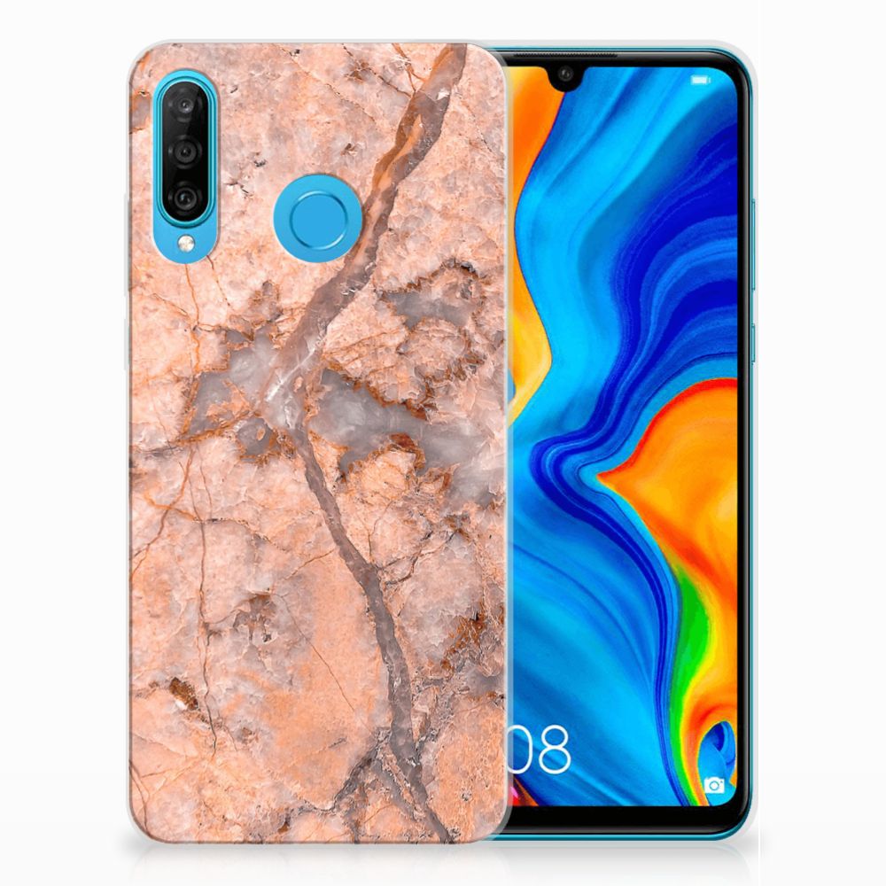 Huawei P30 Lite TPU Siliconen Hoesje Marmer Oranje