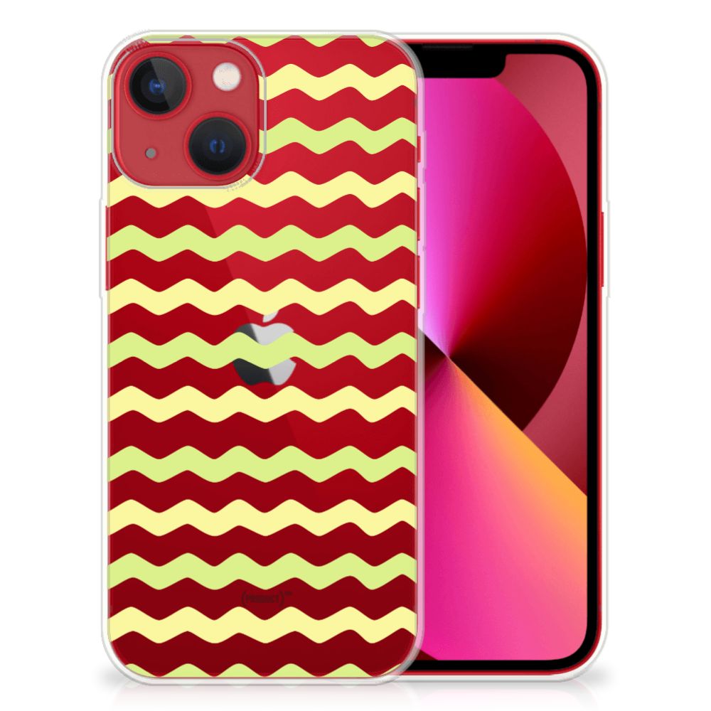 Apple iPhone 13 TPU bumper Waves Yellow hoesje met golfdesign in rood en lichtgroen 🌊.
