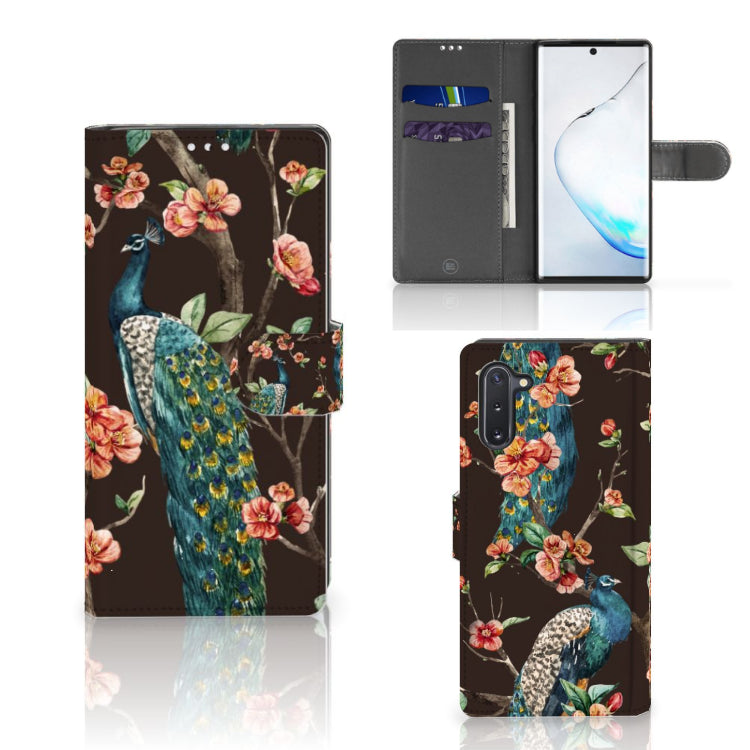 Samsung Galaxy Note 10 Telefoonhoesje met Pasjes Pauw met Bloemen