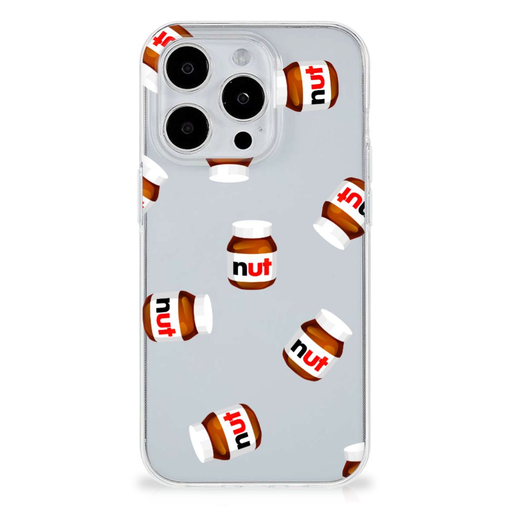 iPhone 15 Pro Siliconen Case Nut Jar met schattige nut potjes in patroon op een transparante achtergrond.