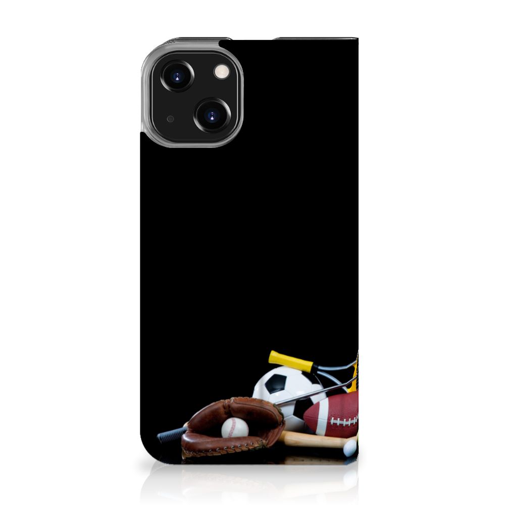 iPhone 14 Hippe Standcase Sports met diverse sportaccessoires en een zwarte achtergrond
