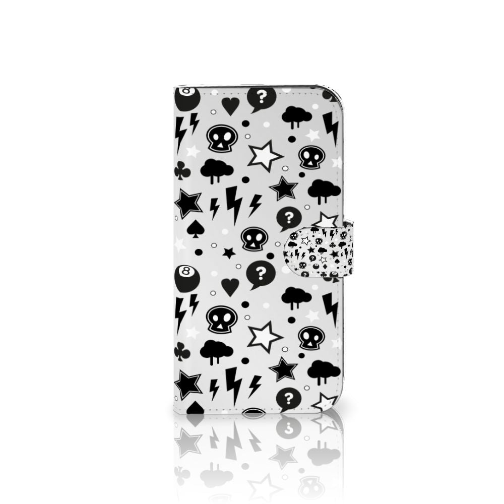 Telefoonhoesje met Naam iPhone 15 Pro Max Silver Punk met zwart-witte prints van sterren en bliksemflitsen.