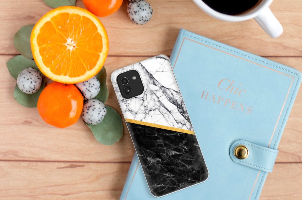 Samsung Galaxy A03 TPU Siliconen Hoesje Marmer Wit Zwart - Origineel Cadeau Man B2C Telecom