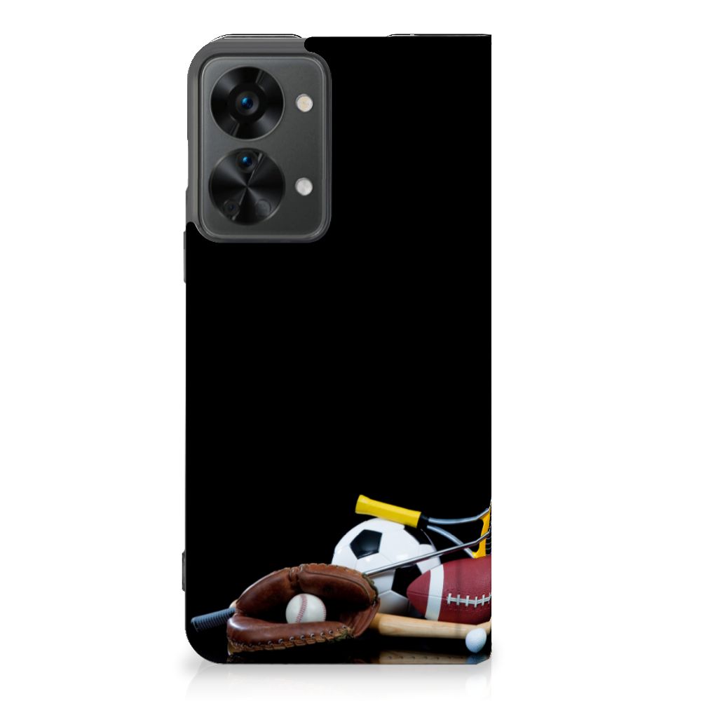OnePlus Nord 2T Hippe Standcase Sports design with various sports equipment and a sleek black background.