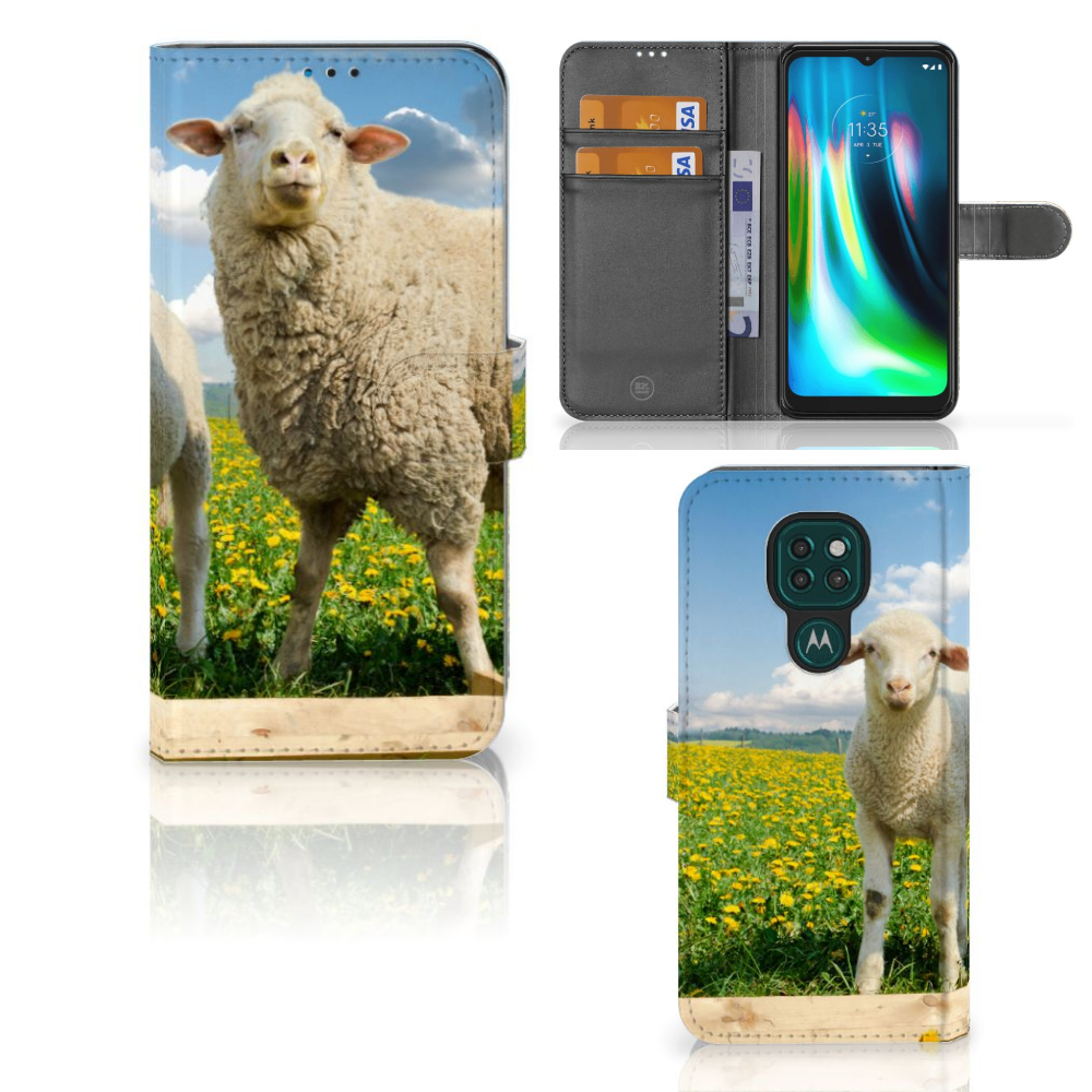 Motorola Moto G9 Play | E7 Plus Telefoonhoesje met Pasjes Schaap en Lammetje