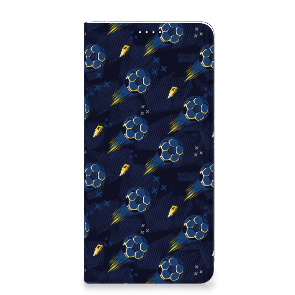 Hoesje met Magneet voor Samsung Galaxy A14 4G Voetbal met kleurrijk voetbaldesign op donkerblauwe achtergrond.