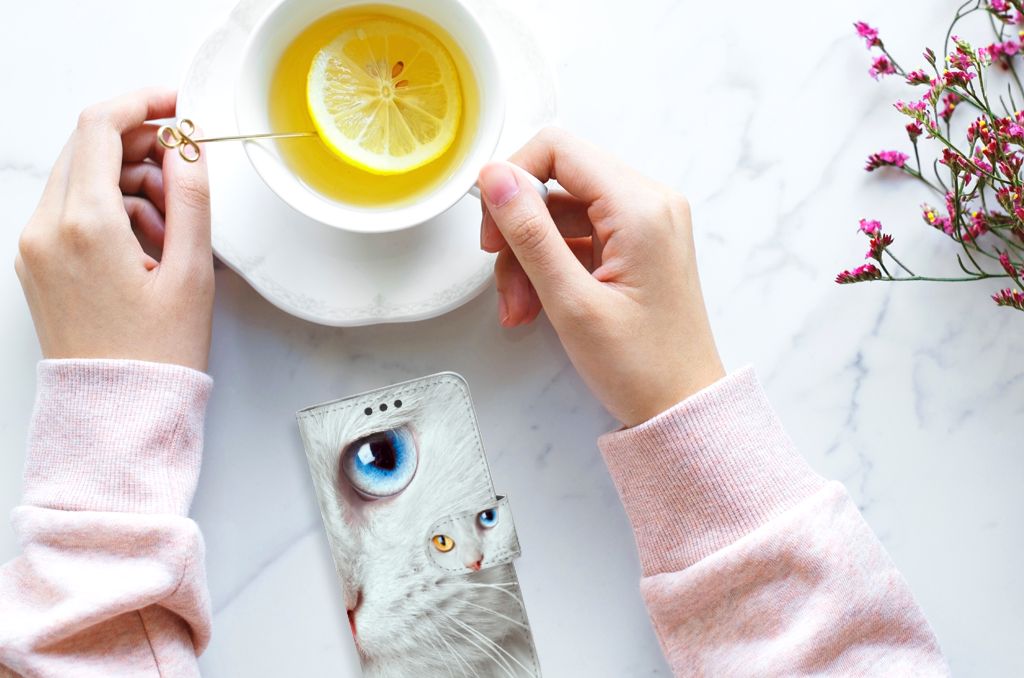 Microsoft Lumia 650 Telefoonhoesje met Pasjes Witte Kat