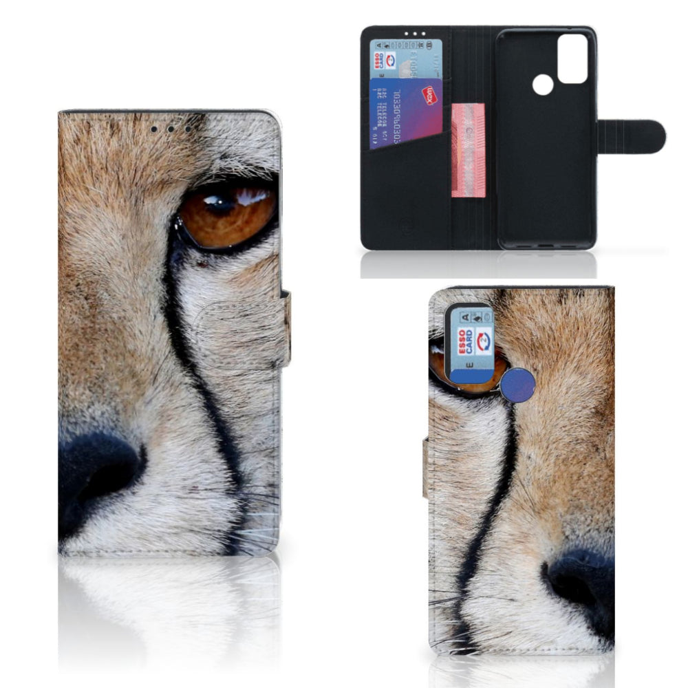 Alcatel 1S (2021) Telefoonhoesje met Pasjes Cheetah met close-up van cheeta op de voorkant en pasjesruimte binnenin.
